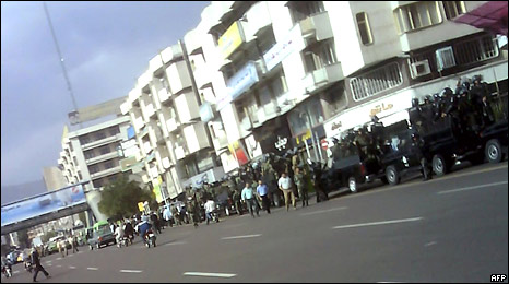A picture obtained on June 23, 2009 shows members of Iranian riot policemen backed up by the Islamic Basij militia stand guard in a street in Tehran on June 22, 2009