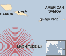 A map showing Samoa and American Samoa with the location of the earthquake which caused the tsunami