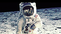 Buzz Aldrin in space suit on the surface of the moon