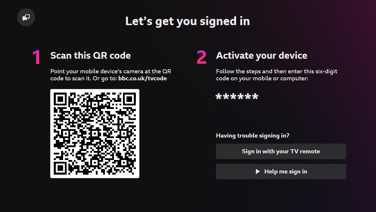 Image of the sign in screen on the BBC iPlayer TV app featuring the QR code and URL as well as the six-digit code