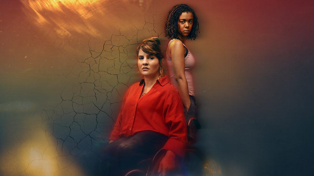 Promotional image for The Rapture featuring two woman, looking at the camera with a cracked wall as a backdrop