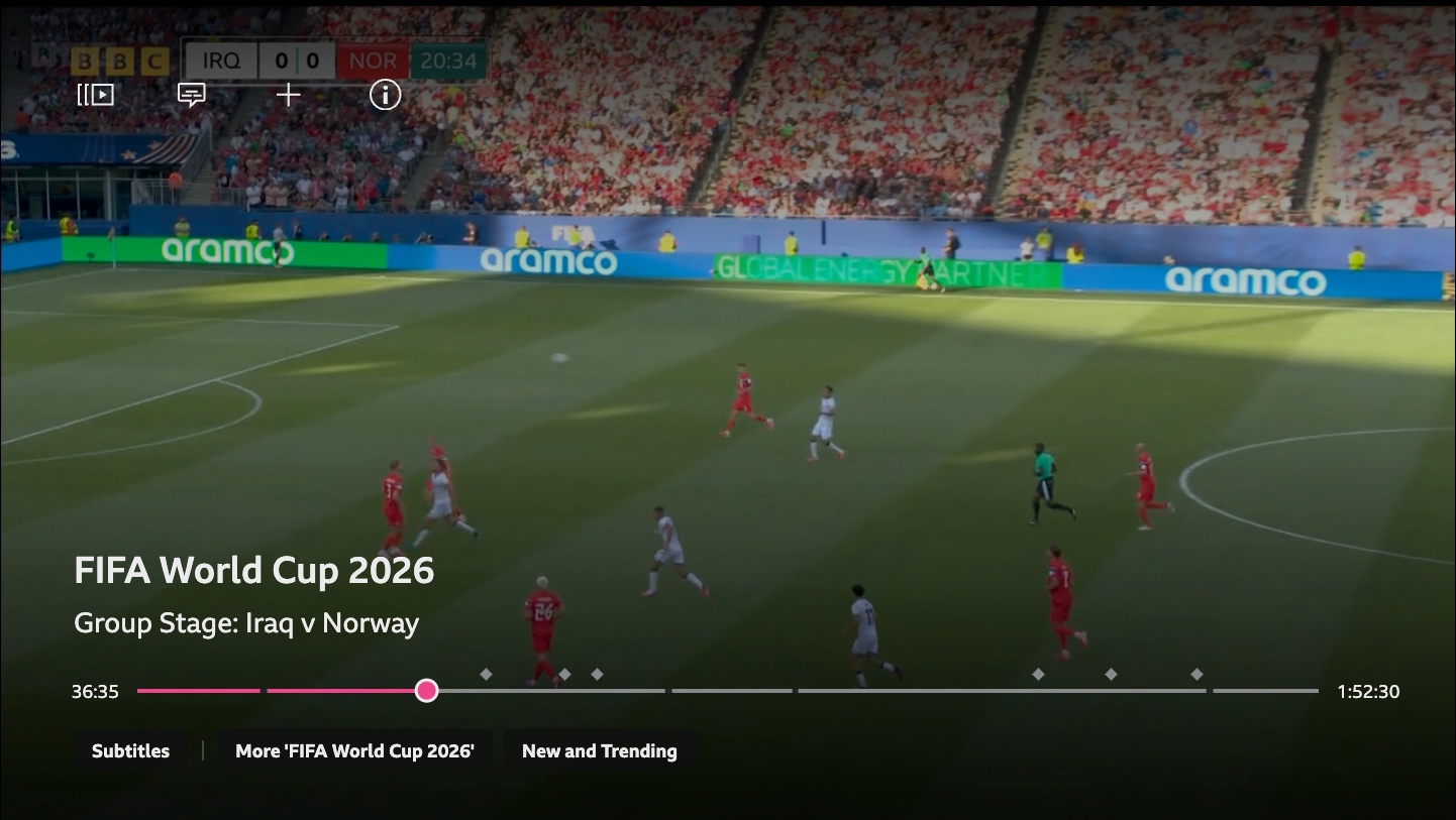 Image from the iPlayer TV app showing the diamonds and segments on the scrub bar during a football match