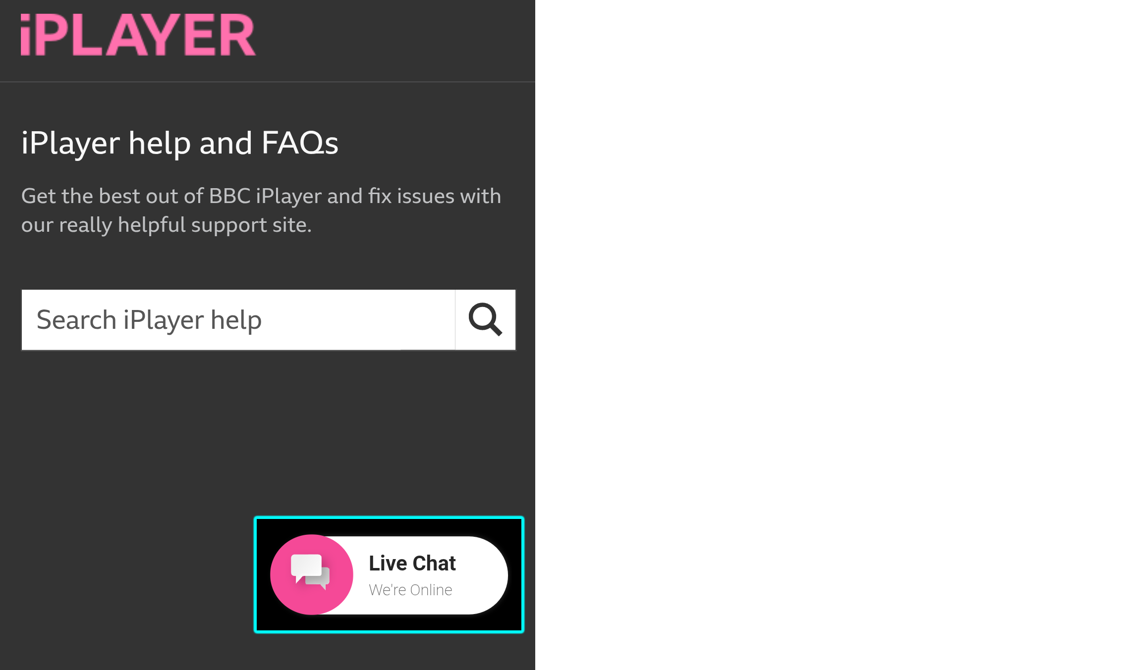 Image from the iPlayer help site showing the live chat icon highlighted on the right-hand side