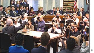 Kenneth Lay is sworn in before the Congress hearing