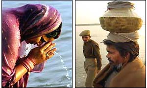 A Hindu woman prays at the River Saryu  and a pilgrim carries holy water