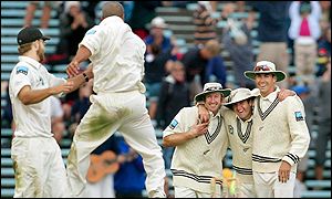 Andre Afdams celebrates the wicket of Matthew Hoggard