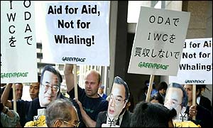 Greenpeace members, wearing masks of Japan's Commissioner of IWC Minoru Morimoto, stage a demonstration.