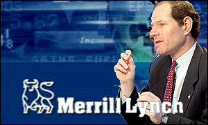 New York attorney general Eliot Spitzer and the Merrill Lynch logo