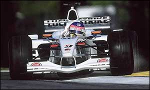 Jacques Villeneuve slides his BAR car round a corner at the Spanish Grand Prix