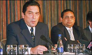 Bacher at a press conference with UCB president Percy Sonn