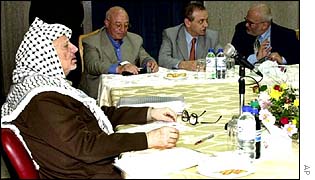 Yasser Arafat chairs a cabinet meeting