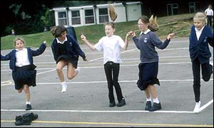 Schoolgirls skipping