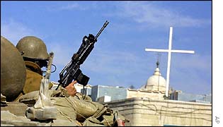 Israeli forces in Bethlehem. Church of the Nativity in the background  