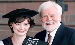 Cherie Blair is congratulated by father Tony Booth after receiving an honorary fellowship  