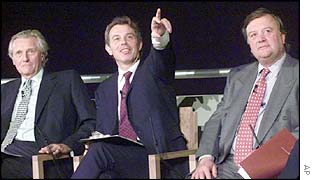 Lord Heseltine, Tony Blair and Kenneth Clarke launch the cross-party Britain in Europe campaign  in October 1999