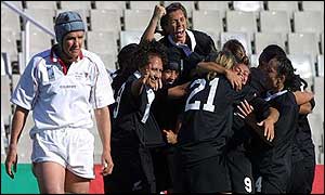 New Zealand celebrate retaining the World Cup at the Olympic Stadium in Barcelona