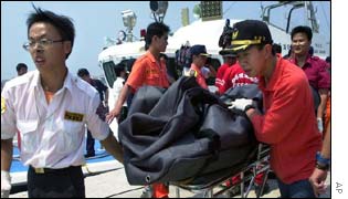 Rescuers carry the body of a victim