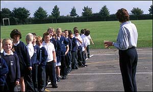 Teacher with class in playground