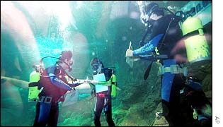 Lester Kwok, left, and Juliana Khoo, centre, exchange rings during their underwater wedding ceremony