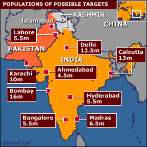 Map showing population centres in India and Pakistan