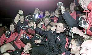 The Crusaders celebrate their victory over the Brumbies