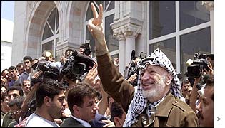 Yasser Arafat leaving a mosque surrounded by crowds