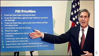 FBI Director Robert Mueller with a board listing the FBI's priorities