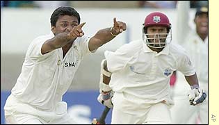Srinath appeals for a wicket against West Indies