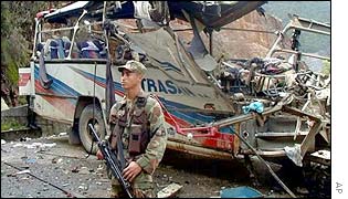 Wreckage of a bus after an ELN attack