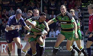 Andrew Blowers scores two  tries for Northampton 