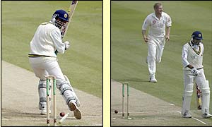Left, Sri Lanka's Marvin Attapattu looks on as his stumps are re-arranged by a delivery from  Matthew Hoggard, right, Hoggard celebrates his wicket