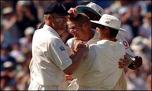 Matthew Hoggard is congratulated