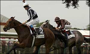 Jockey Thierry Thulliez punches the air in delight after guiding Sulamani to victory
