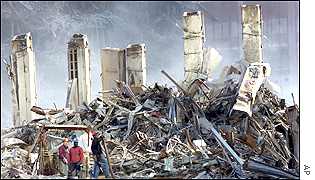 Workers in the remains of the World Trade Centre in New York