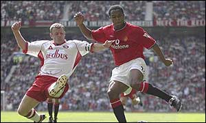 Fortune, on one of his rare United appearances, goes up against Graham Stuart