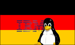 Linux and IBM logos on a German flag