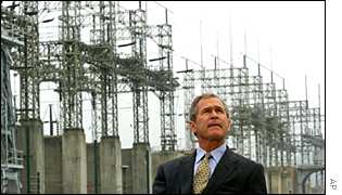 President Bush in front of a power plant