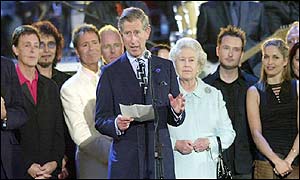 Prince Charles and the Queen join stars on stage