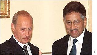 Russian President Vladimir Putin with Pakistani President Pervez Musharraf in Kazakhstan