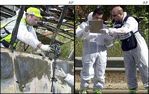Forensic experts gather evidence at the site of the blast