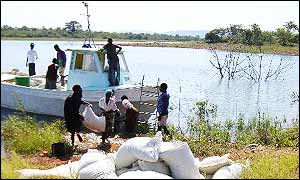 UN food arriving by boat on the shores of Lake  Kariba 