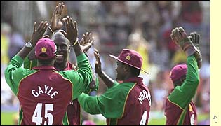 Cameron Cuffy removes Nevin and West Indies celebrate