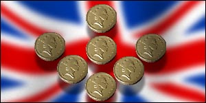 Pound coins and Union flag