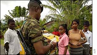 Pro-Ravalomanana soldier checking papers in Sambava