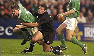 Leon MacDonald tackles Brian O'Driscoll during New Zealand's win in Dublin last year