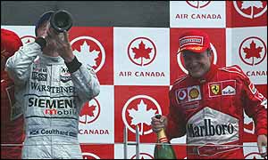 David Coulthard and Rubens Barrichello on the podium in Canada