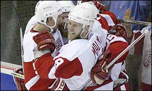 Detroit celebrate a goal during game two at the Joe Louis Arena.