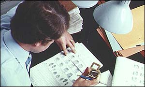Police officer checking fingerprints