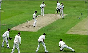 Martin Bicknell has Min Patel caught behind