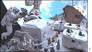 French astronaut Philippe Perrin in the shuttle payload bay